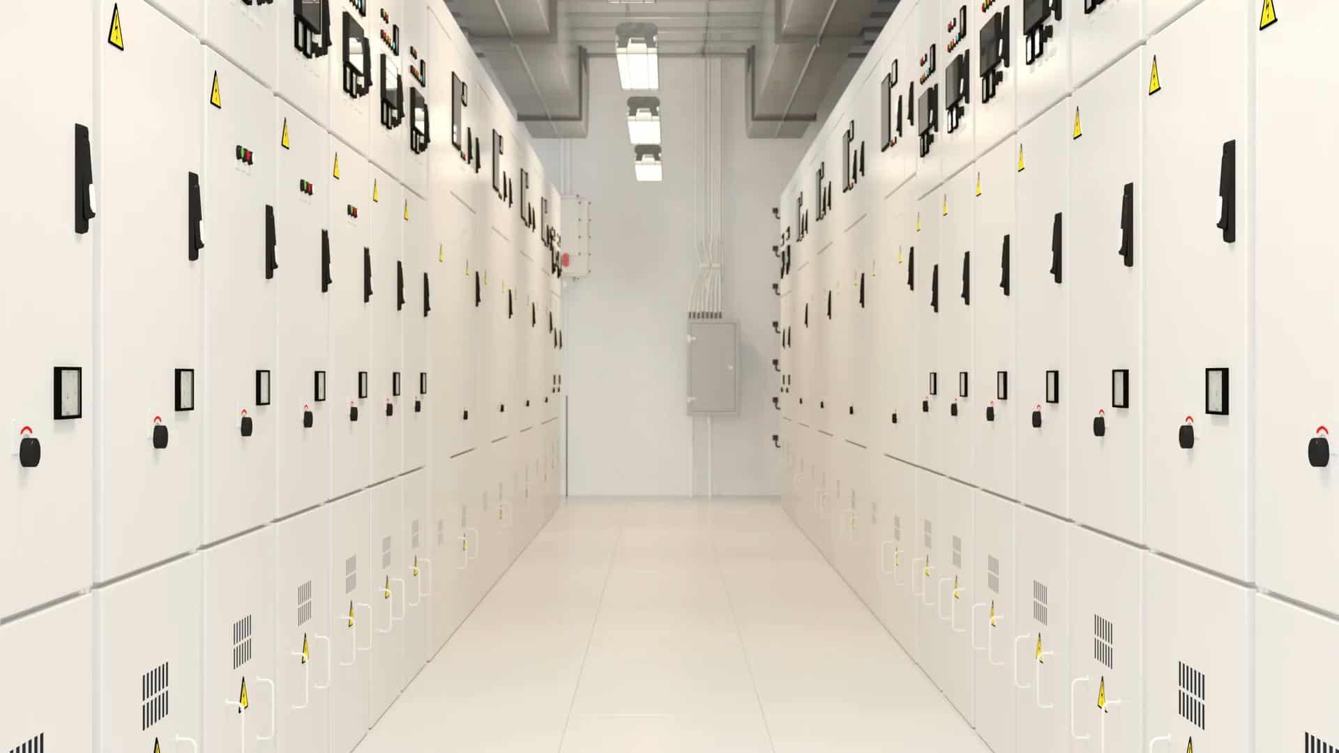 Data hall with white metal cabinets